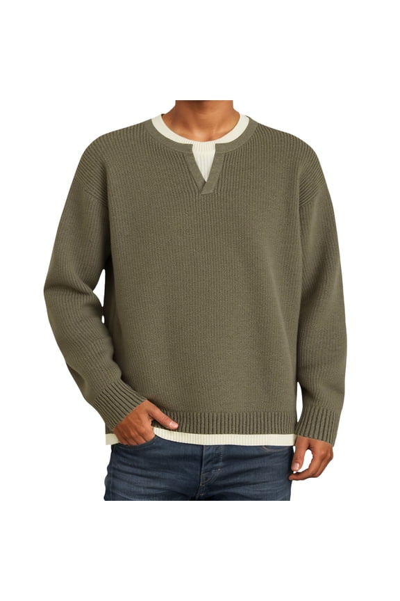 Men's 2 In 1 Sweater Pullover Long Sleeve Crewneck Knitted Sweater Outdoor Autumn Winter Soft Jumper Tops