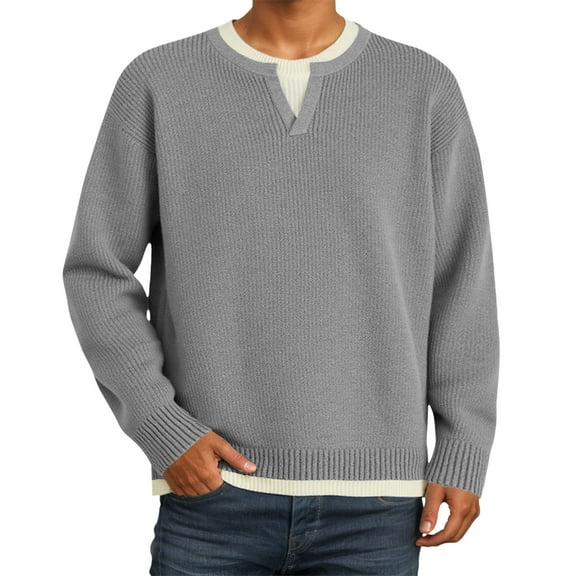 DHFJKG Men's 2 In 1 Sweater Pullover Long Sleeve Crewneck Knitted Sweater Outdoor Autumn Winter Soft Jumper Tops
