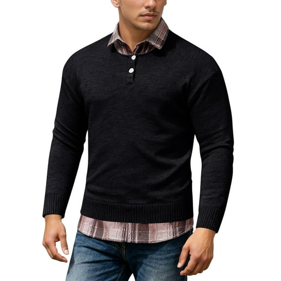 DHFJKG Men's 2 In 1 Sweater With Plaid Edge Slim Fit Long Sleeve Turndown Collar Knitted Pullover Top Casual Cozy Jumper Tops