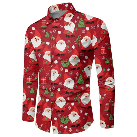 DHFJKG Men's Christmas Shirts Casual Santa Claus Printed Long Sleeve Turndown Collar Comfortable Blouse Autumn Winter Stylish Tops