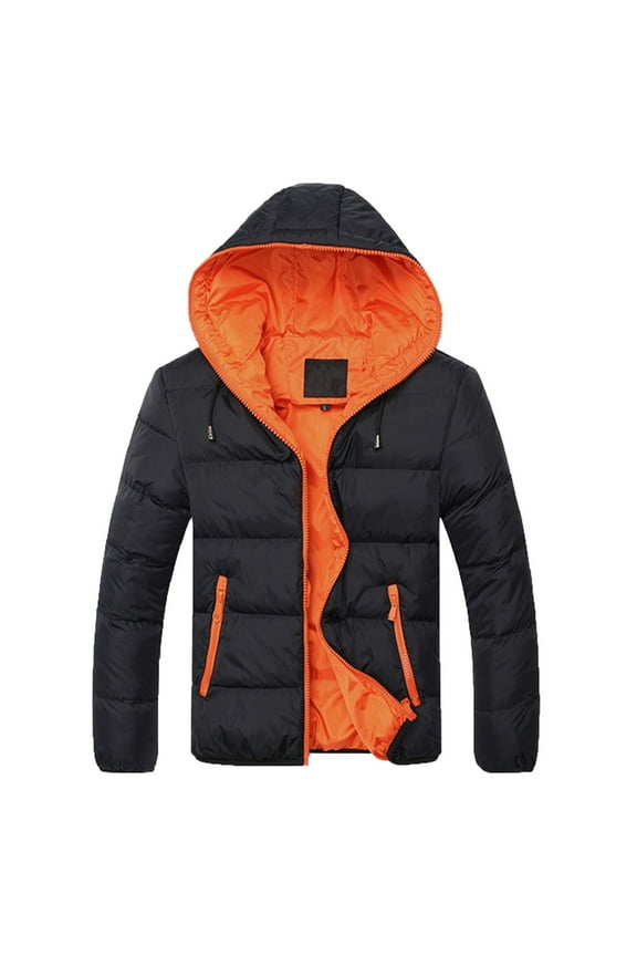 Men's Coat Winter Windbreaker Casual Color Block Zipper Hoodie Drawstring Cotton-padded Long Sleeve Jacket Relaxed Fit Coats