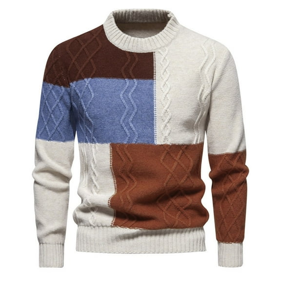 DHFJKG Men's Jacquard Sweaters Knitted Color Block Crewneck Long Sleeve Outdoor Casual Sweater Pullover Tops Autumn Winter Versatile Jumper Tops