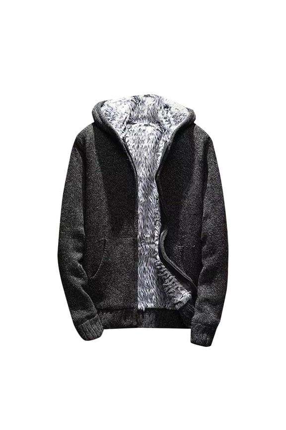 Men's Knitted Cardigan Sweater Hoodies With Thick Warm Fuzzy Lining Zip Up Loose Fit Hooded Coat Jackets With Pockets Leisure Outerwear