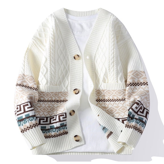 DHFJKG Men's Knitted Jacquard Cardigan Sweaters V Neck Loose Fit Button Down Long Sleeve Knitwear Jacket Autumn Winter Soft Outerwear
