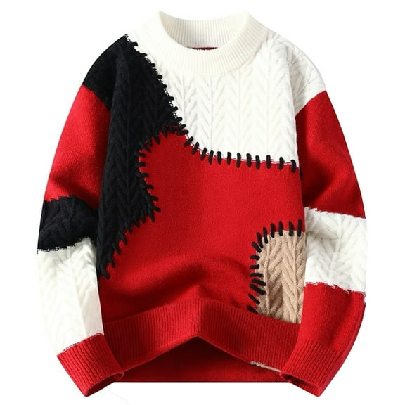DHFJKG Men's Patchwork Jacquard Sweater Color Block Casual Crew Neck Knit Pullover Autumn Winter Loose Fit Leisure Jumper Tops