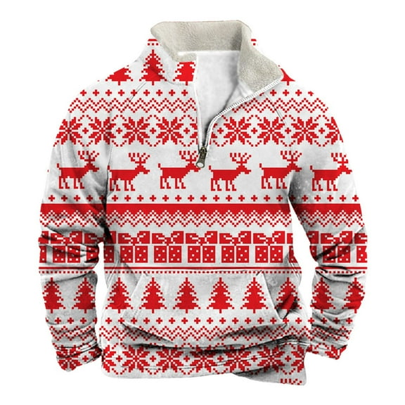 DHFJKG Men's Santa Winter Sweatshirt Print Quarter Zip Pullover Long Sleeve Stand Collar Pocket Male Sweatshirt Casual Tops
