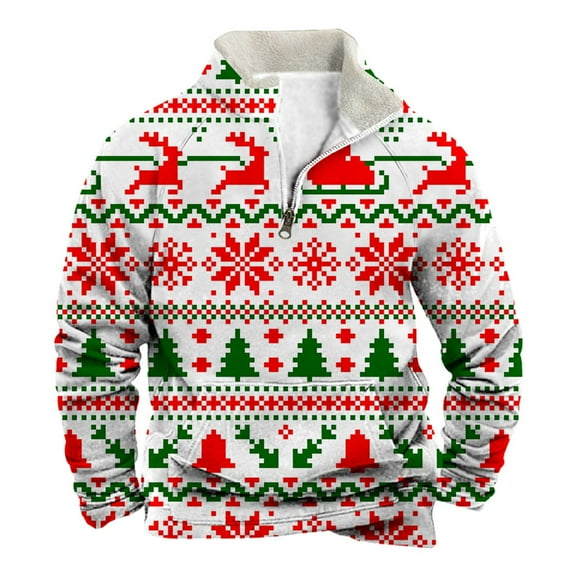 DHFJKG Men's Santa Winter Sweatshirt Print Quarter Zip Pullover Long Sleeve Stand Collar Pocket Male Sweatshirt Relaxed Fit Tops