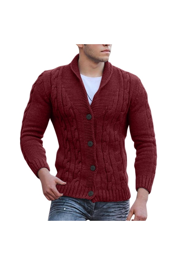 Men's Shawl Collar Cardigan Sweater Slim Fit Cable Knit Button up Long Sleeve Casual Winter Cardigans Solid Color Leisure Knitwear