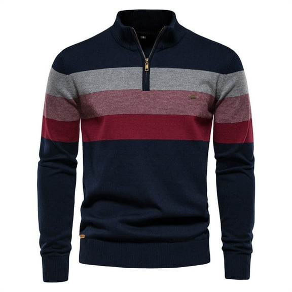 DHFJKG Men's Striped Knitted Sweater Pullover Quarter Zip Stand Collar Long Sleeve Casual Base Layer Autumn Winter Soft Jumper Tops