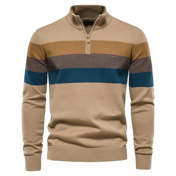 DHFJKG Men's Striped Knitted Sweater Pullover Quarter Zip Stand Collar Long Sleeve Casual Base Layer Autumn Winter Versatile Jumper Tops