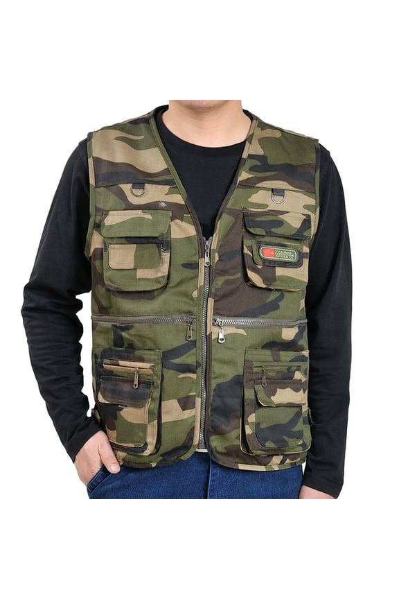 Men's Utility Fishing Vest Lightweight Outdoor Work Safari Travel Multi-Pockets Camouflage Cargo Vest Versatile Tops