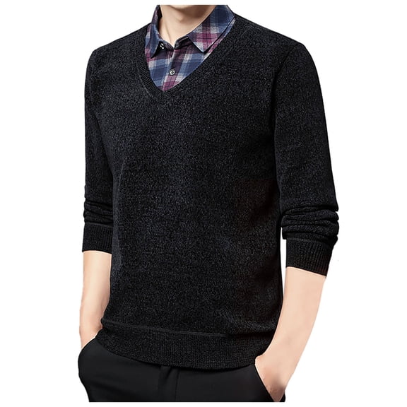 DHFJKG Mens 2 In 1 Plaid Lapel Sweaters Regular Fit Long Sleeve Winter Business Casual Dressy Top Sweaters Warm Leisure Jumper Tops