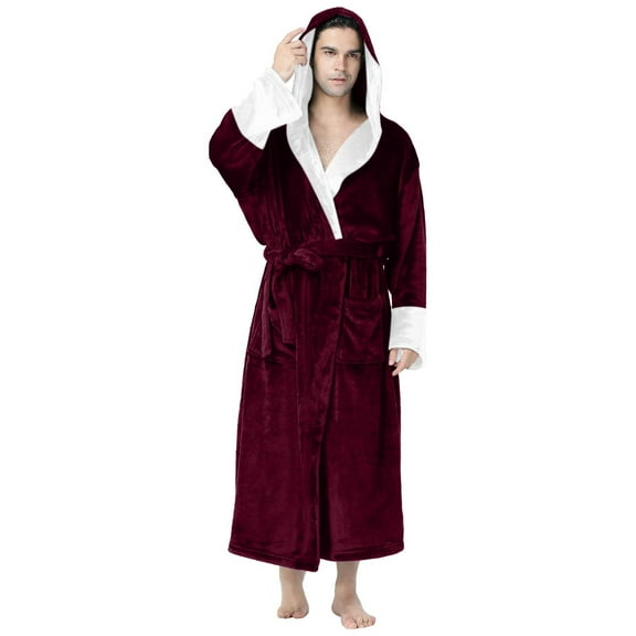 DHFJKG Mens Bath Robes Fluffy Color Block Long Sleeve Hooded Long Spa Robe With Pockets Plush Leisure Home Clothes