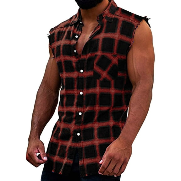 DHFJKG Mens Button Up Shirts Plaid Sleeveless Row Hem Button Down Collar Cowboy Vest Shirt With Pocket Soft Tops