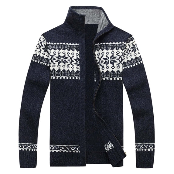 DHFJKG Mens Christmas Cardigan Sweater Zipper Jacket Snowflake Printed Long Sleeve Stand Collar Knitted Sweaters Coat Classic Outerwear