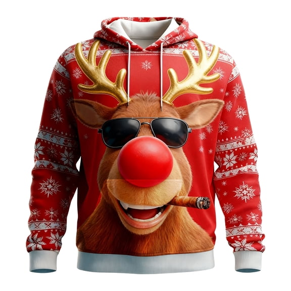 DHFJKG Mens Christmas Hoodies Funny Reindeer Print Hooded Drawstring Sweatshirt Pullover With Pocket Winter Xmas Festive Elk Holiday Tops
