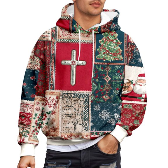 DHFJKG Mens Christmas Hoodies Patchwork Xmas Themed Print Hooded Drawstring Long Sleeve Pullover With Front Pocket Holiday Jumper Tops