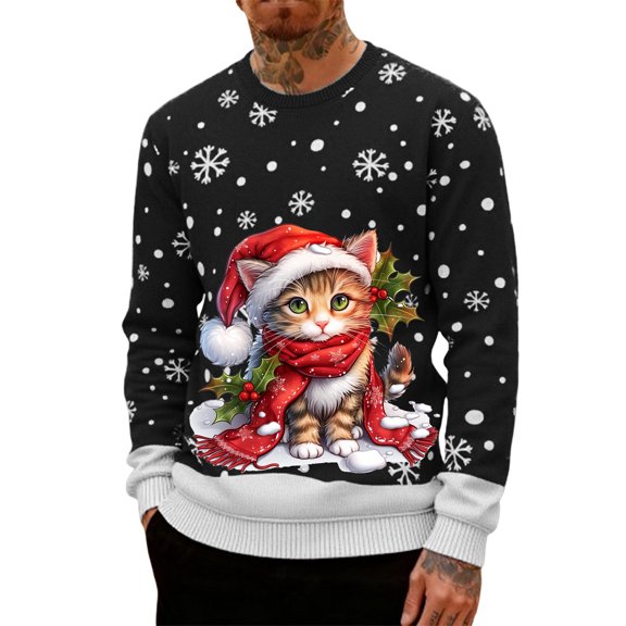DHFJKG Mens Christmas Sweatshirt Cute Cat Print Crewneck Long Sleeve Pullover Top Xmas Festive Comfort Tops