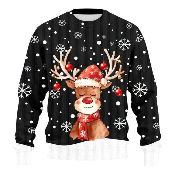 DHFJKG Mens Christmas Sweatshirt Funny Reindeer Print Ribbed Crewneck Long Sleeve Loose Fit Pullover Top Xmas Themed Streetwear Elk Festive Cozy Tops