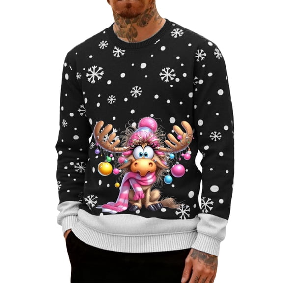 DHFJKG Mens Christmas Sweatshirt Xmas Themed Print Crewneck Long Sleeve Loose Fit Pullover Top Festive Holiday Tops