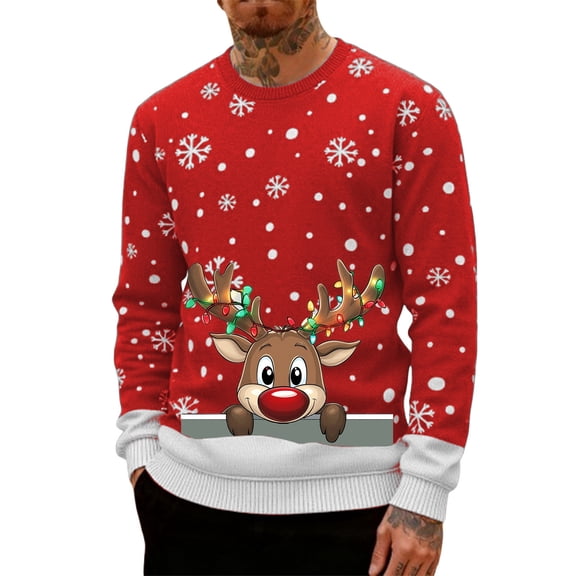 DHFJKG Mens Christmas Sweatshirt Xmas Themed Print Crewneck Long Sleeve Loose Fit Pullover Top Festive Soft Tops