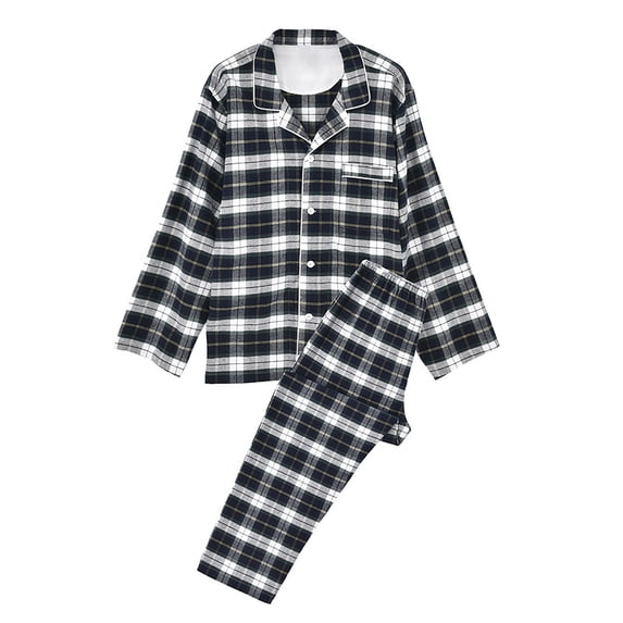 DHFJKG Mens Flannel Pajamas Set Sleepwear Plaid Pjs Long Sleeve Button Down Lapel Shirts Pants 2 Piece Leisure Loungewear