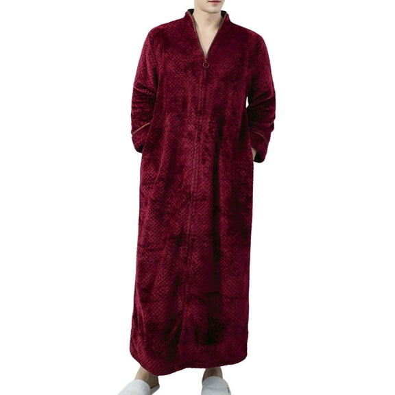 DHFJKG Mens Fluffy Zip Up Nightgown Pajamas Solid Color Loose Fit Long Sleeve V Neck Ankle-Length Loungewear Autumn Winter Home Clothes Comfort Nightwear