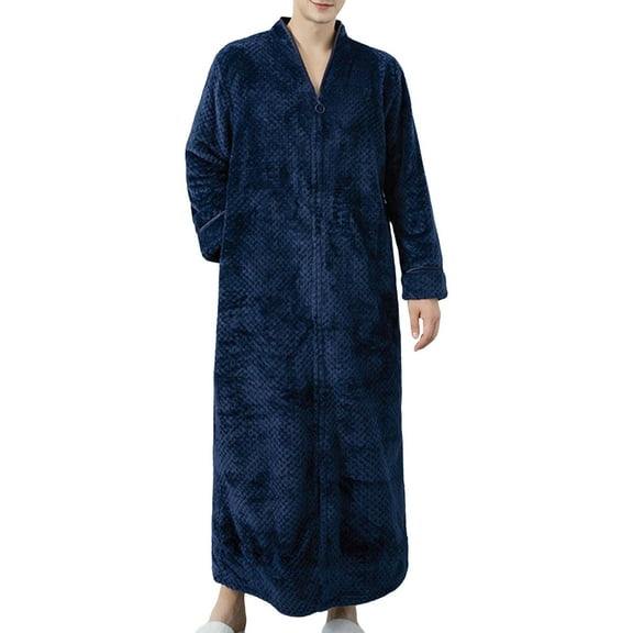 DHFJKG Mens Fluffy Zip Up Nightgown Pajamas Solid Color Loose Fit Long Sleeve V Neck Ankle-Length Loungewear Autumn Winter Home Clothes Leisure Homewear