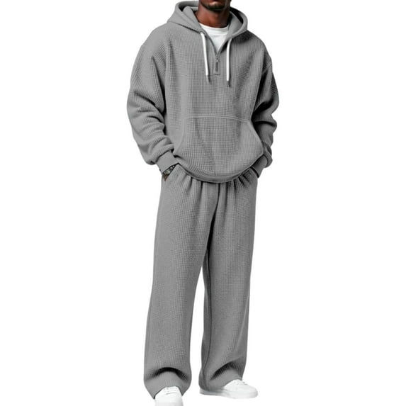 DHFJKG Mens Hoodie Tracksuit 2 Piece Set Athletic Casual Quarter Zip Hooded Drawstring Sweatshirt Wide Leg Pants Sweatsuits Soft Outfit