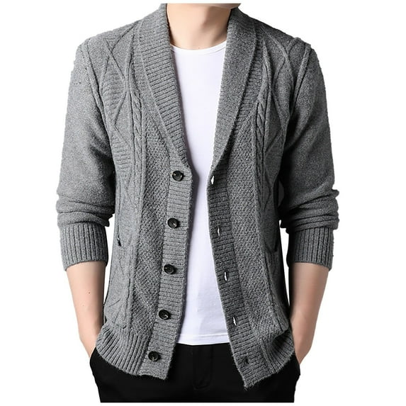 DHFJKG Mens Jacquard Sweater Knitted Jacket Slim Fit Shawl Collar Long Sleeve Button Up Cardigan Outwear Solid Color Knitting Coat With Pockets Fall Winter Comfort Outerwear