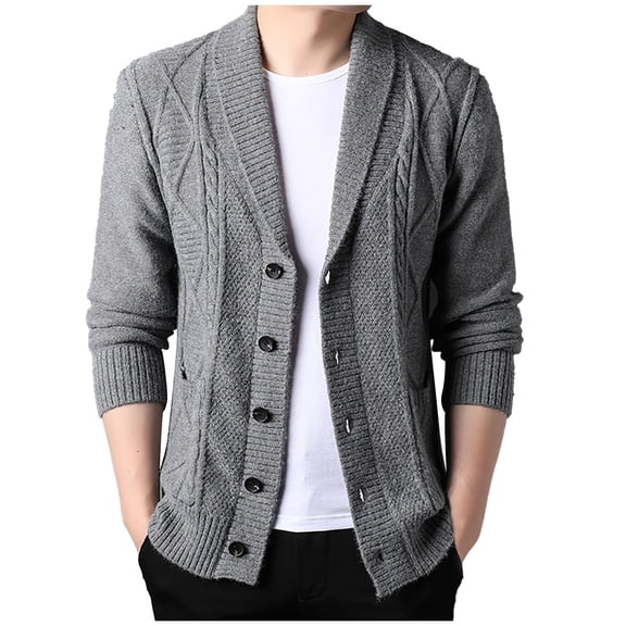 DHFJKG Mens Jacquard Sweater Knitted Jacket Slim Fit Shawl Collar Long Sleeve Button Up Cardigan Outwear Solid Color Knitting Coat With Pockets Fall Winter Versatile Outerwear