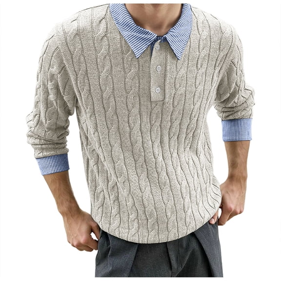 DHFJKG Mens Knit Jacquard Sweater 2 In 1 Turndown Collar Long Sleeve Loose Fit Textured-Knit Pullover Fall Winter Casual Jumper Tops