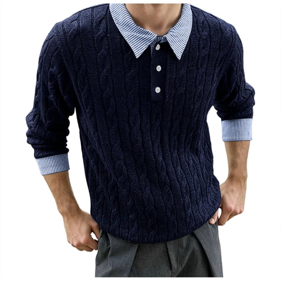 DHFJKG Mens Knit Jacquard Sweater 2 In 1 Turndown Collar Long Sleeve Loose Fit Textured-Knit Pullover Fall Winter Casual Jumper Tops