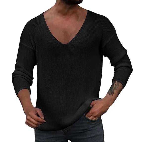 DHFJKG Mens Knit Ribbed Pullover Sweaters Deep V Neck Loose Fit Solid Color Long Sleeve Layering Tops Knitwear Leisure Jumper Tops