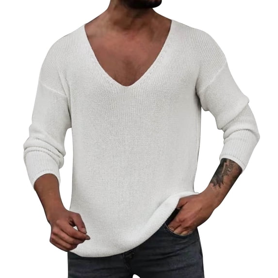 DHFJKG Mens Knit Ribbed Pullover Sweaters Deep V Neck Loose Fit Solid Color Long Sleeve Layering Tops Knitwear Leisure Jumper Tops