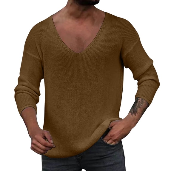 DHFJKG Mens Knit Ribbed Pullover Sweaters Deep V Neck Loose Fit Solid Color Long Sleeve Layering Tops Knitwear Leisure Jumper Tops