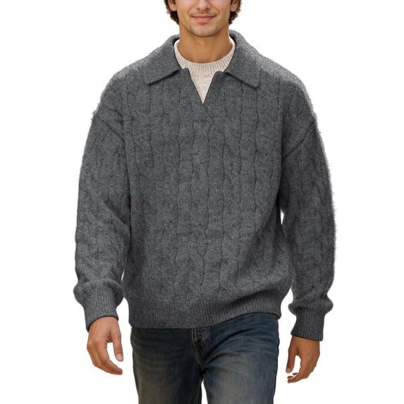 DHFJKG Mens Knitted Jacquard Sweaters 2 In 1 Top Turndown Collar Long Sleeve Loose Fit Textured-Knit Pullover Fall Winter Retro Casual Jumper Tops