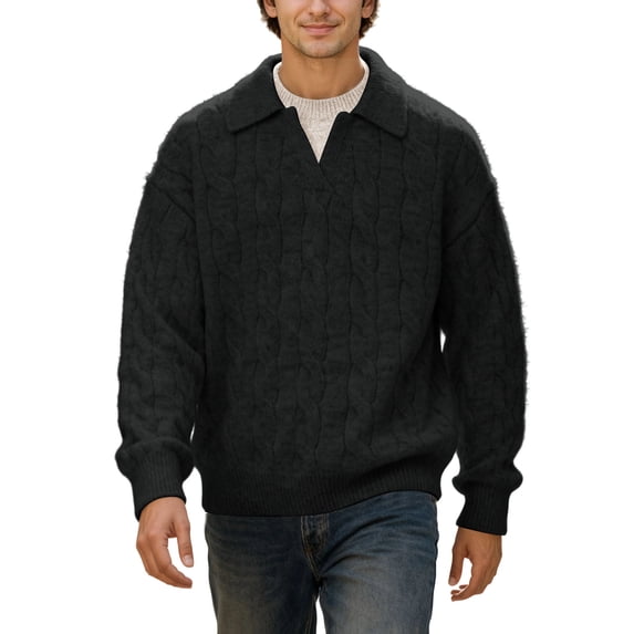 DHFJKG Mens Knitted Jacquard Sweaters 2 In 1 Top Turndown Collar Long Sleeve Loose Fit Textured-Knit Pullover Fall Winter Retro Soft Jumper Tops
