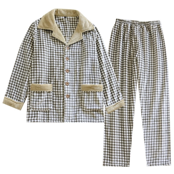 DHFJKG Mens Pajama Set Plaid Flannel Sleepwear Winter Warm Long Sleeve Turndown Collar Button Front Top Bootoms 2 Piece Fuzzy Loungewear Soft Home Clothes