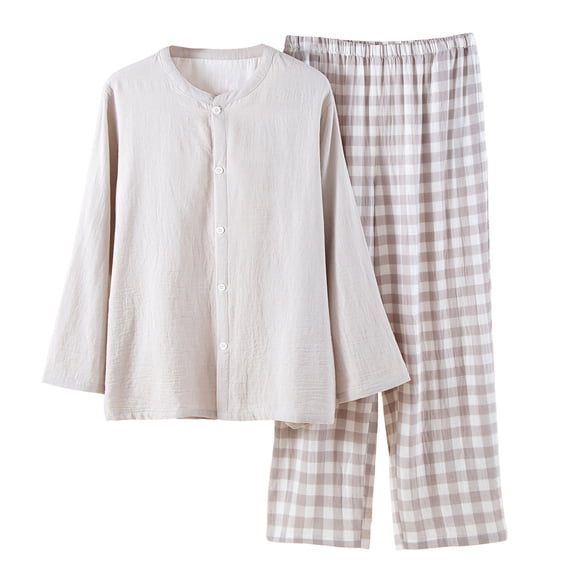 DHFJKG Mens Pajamas Set Lightweight Long Sleeve Crewneck Button Up Top Loose Fit Plaid Bottoms 2 Piece Sleepwear Leisure Home Clothes