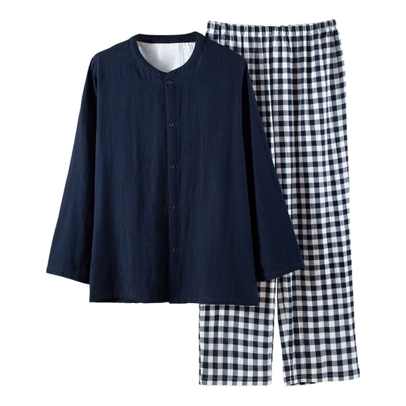 DHFJKG Mens Pajamas Set Lightweight Long Sleeve Crewneck Button Up Top Loose Fit Plaid Bottoms 2 Piece Sleepwear Soft Homewear