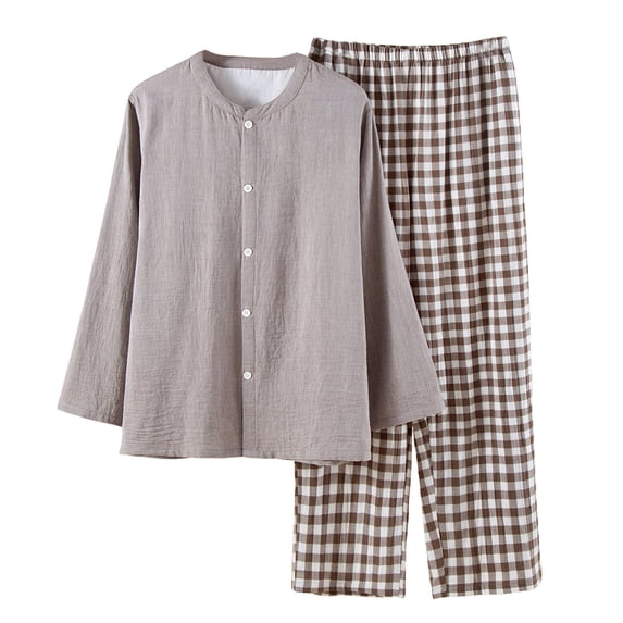DHFJKG Mens Pajamas Set Lightweight Long Sleeve Crewneck Button Up Top Loose Fit Plaid Bottoms 2 Piece Sleepwear Soft Homewear