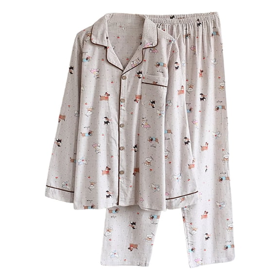 DHFJKG Mens Pajamas Sets Cotton Loungewear Cute Animals Printed Long Sleeve Turndown Collar Button Up Top Loose Fit Bottoms 2 Piece Outfit Comfort Homewear