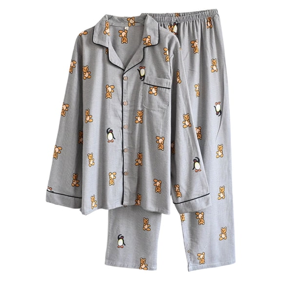 DHFJKG Mens Pajamas Sets Cotton Loungewear Cute Animals Printed Long Sleeve Turndown Collar Button Up Top Loose Fit Bottoms 2 Piece Outfit Soft Homewear