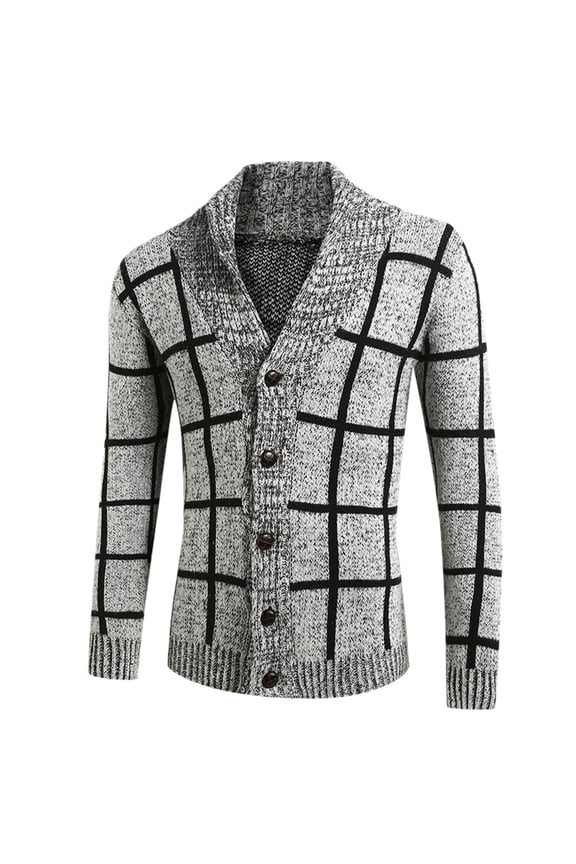 Mens Plaid Kinted Cardigan Sweater Knitting Stand Collar Long Sleeve Button Up Knitting Coat With Ribbing Edge Soft Outerwear