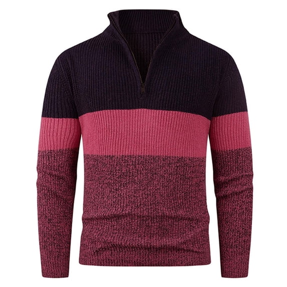 DHFJKG Mens Quarter Zip Knit Ribbed Sweaters Color Block Long Sleeve Stand Collar Regular Fit Bottoming Shirt Pullover Fall Winter Cozy Jumper Tops