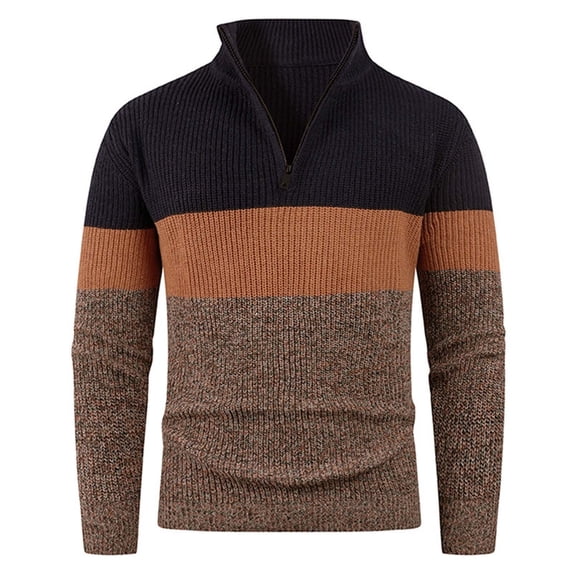 DHFJKG Mens Quarter Zip Knit Ribbed Sweaters Color Block Long Sleeve Stand Collar Regular Fit Bottoming Shirt Pullover Fall Winter Soft Jumper Tops