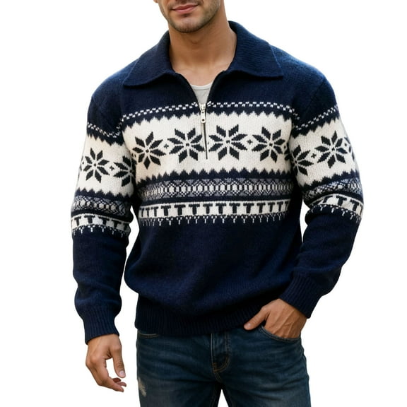 DHFJKG Mens Quarter Zip Knit Sweater Vintage Snowflake Pattern Turndown Collar Long Sleeve Loose Fit Knitwear Pullover Fall Winter Comfort Jumper Tops