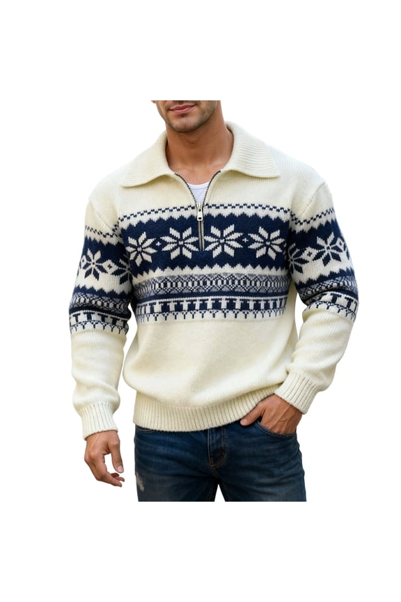 Mens Quarter Zip Knit Sweater Vintage Snowflake Pattern Turndown Collar Long Sleeve Loose Fit Knitwear Pullover Fall Winter Soft Jumper Tops