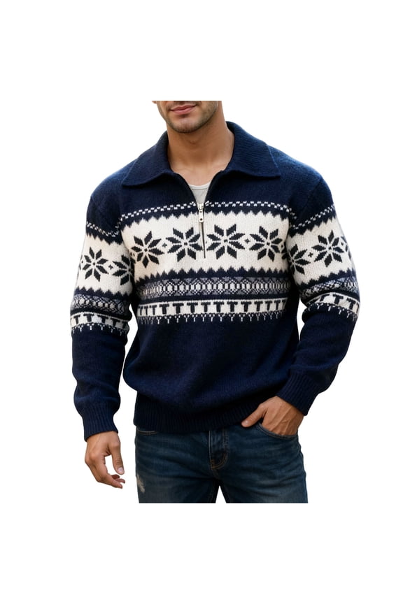 Mens Quarter Zip Knit Sweater Vintage Snowflake Pattern Turndown Collar Long Sleeve Loose Fit Knitwear Pullover Fall Winter Versatile Jumper Tops